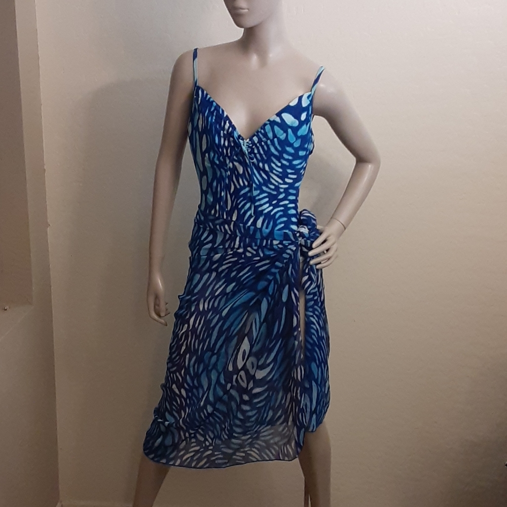Blue One Piece Bathing Suit with Sarong
